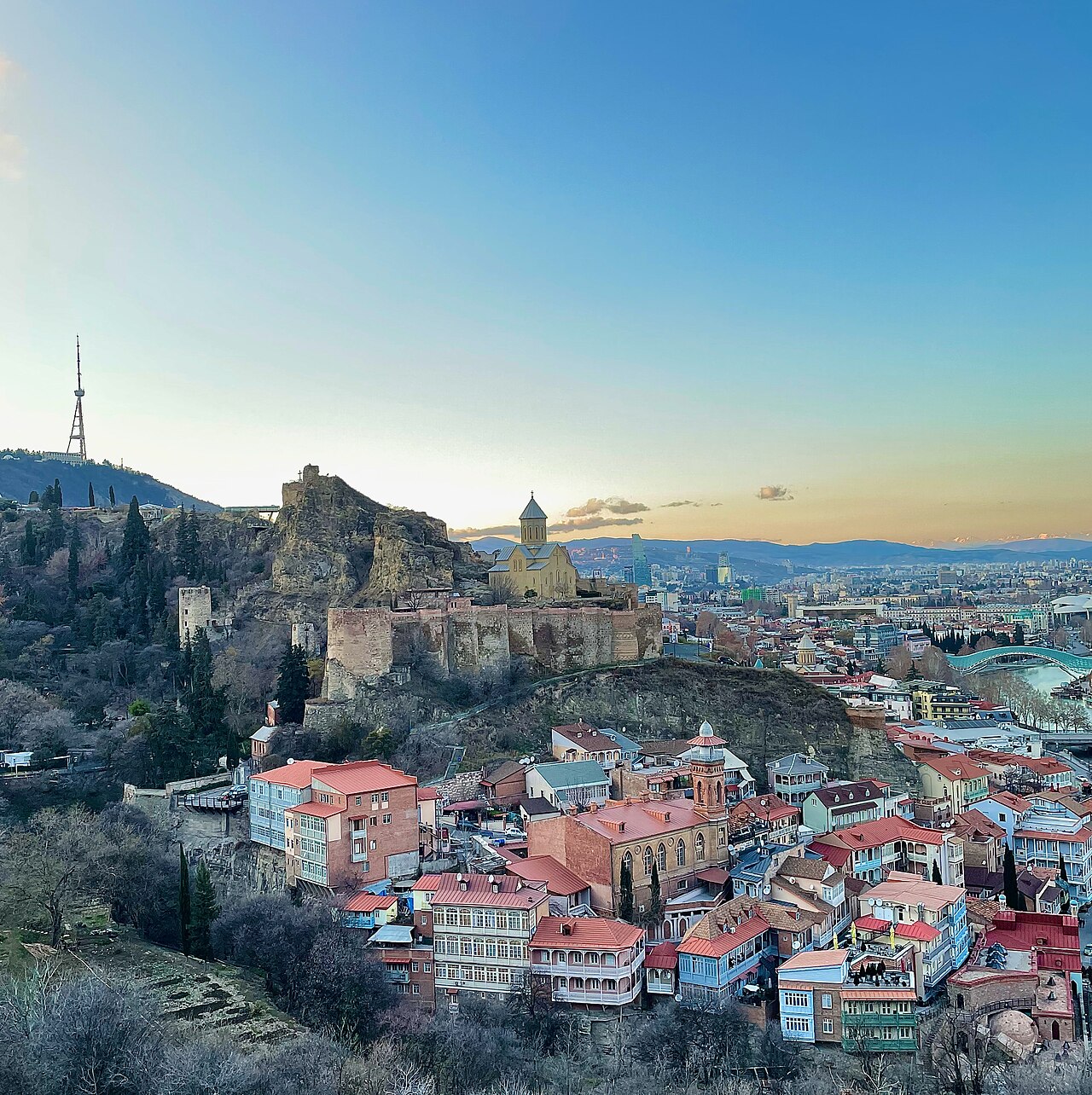 Fortress and Old Town of Tbilisi at dusk, Tbilisi, Georgia
