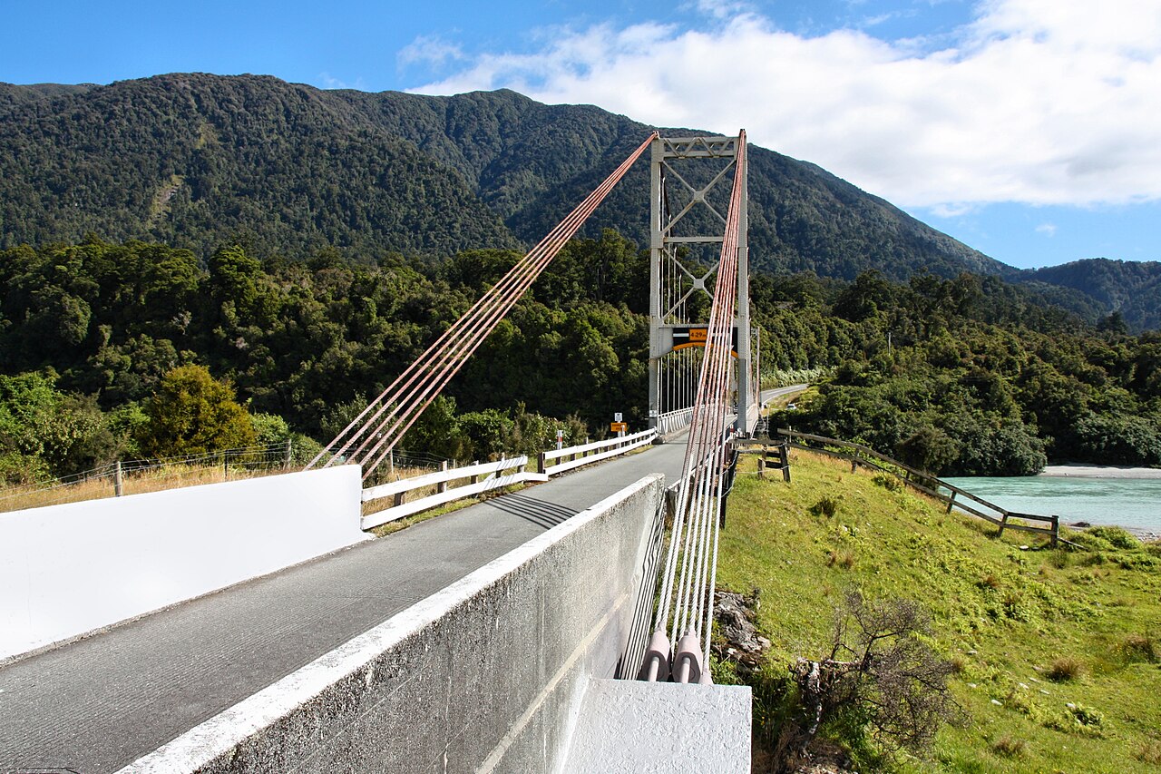 010 New Zealand road bridge - Karangarua River suspension bridge in South Westland NZ, sin