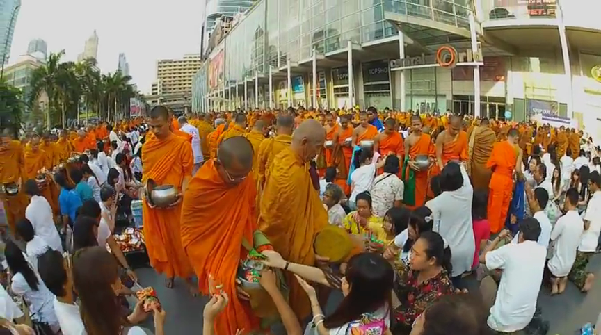 Alms giving to several thousand monks, next to Central World in Bangkok on the morning of 